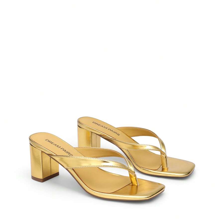 Women's chunky low heel thong sandals featuring a square open toe and slip-on flip-flop strap design