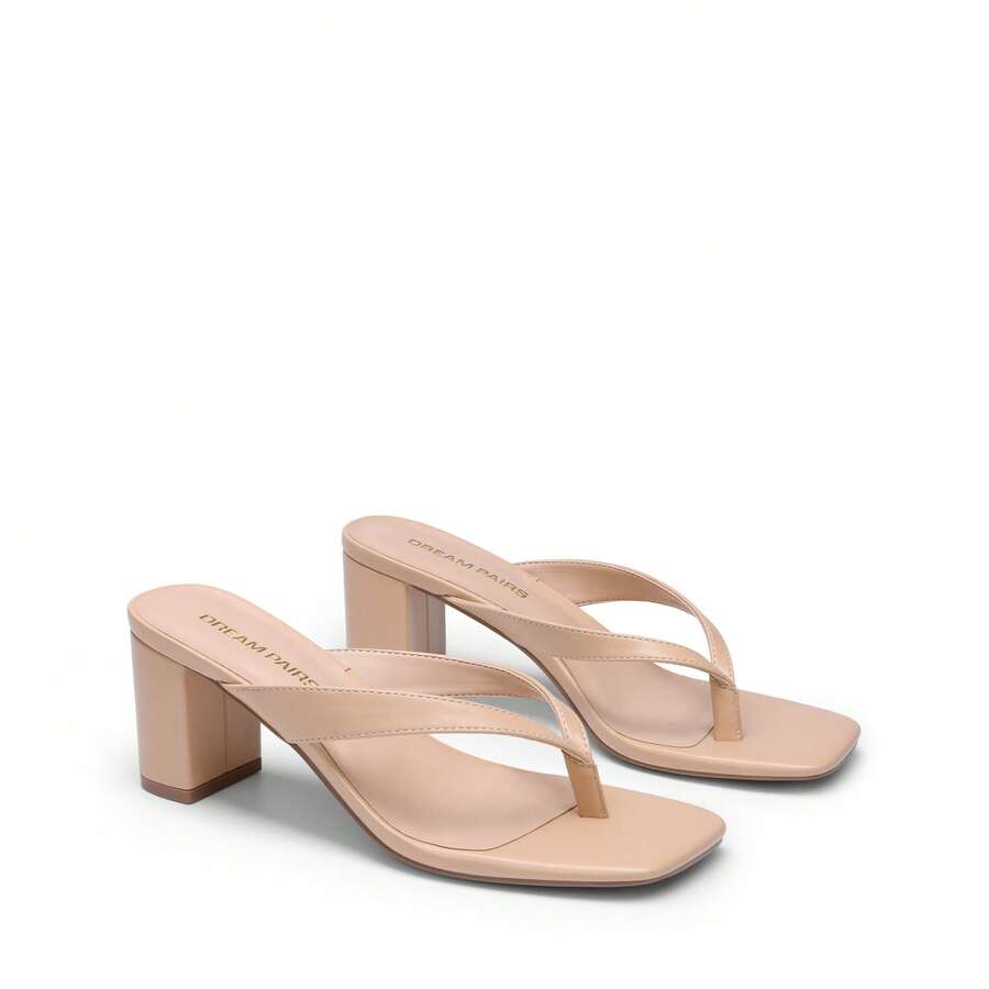 Women's chunky low heel thong sandals featuring a square open toe and slip-on flip-flop strap design