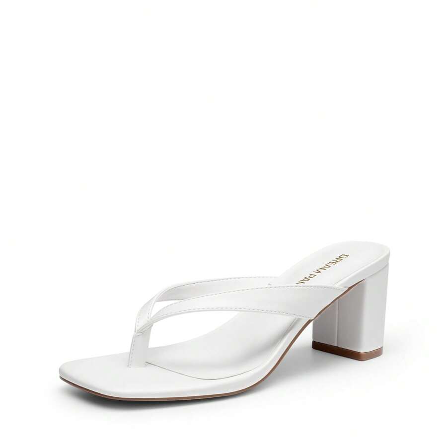 Women's chunky low heel thong sandals featuring a square open toe and slip-on flip-flop strap design