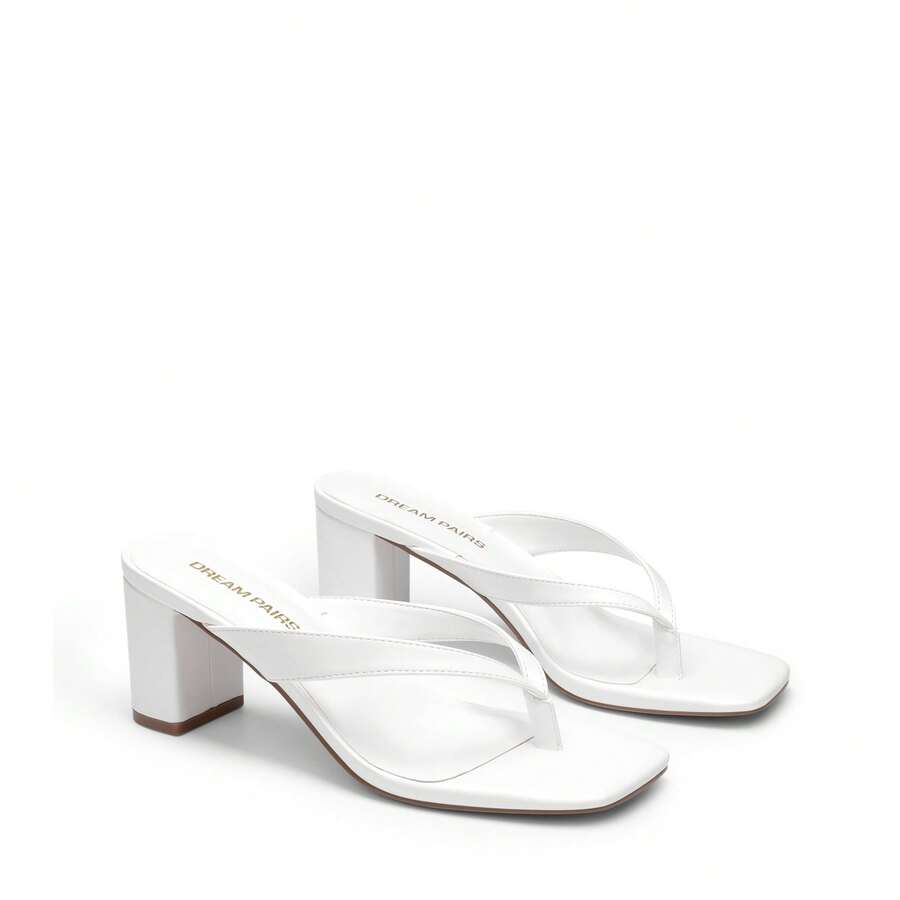 Women's chunky low heel thong sandals featuring a square open toe and slip-on flip-flop strap design