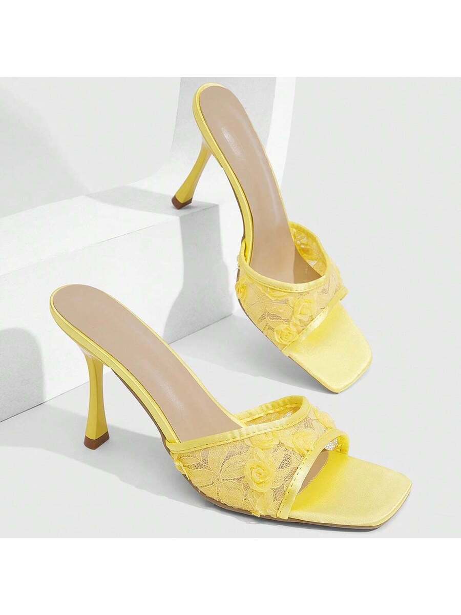 Lace square toe open toe stiletto high heel sandals with sparkling rhinestone ankle strap chain