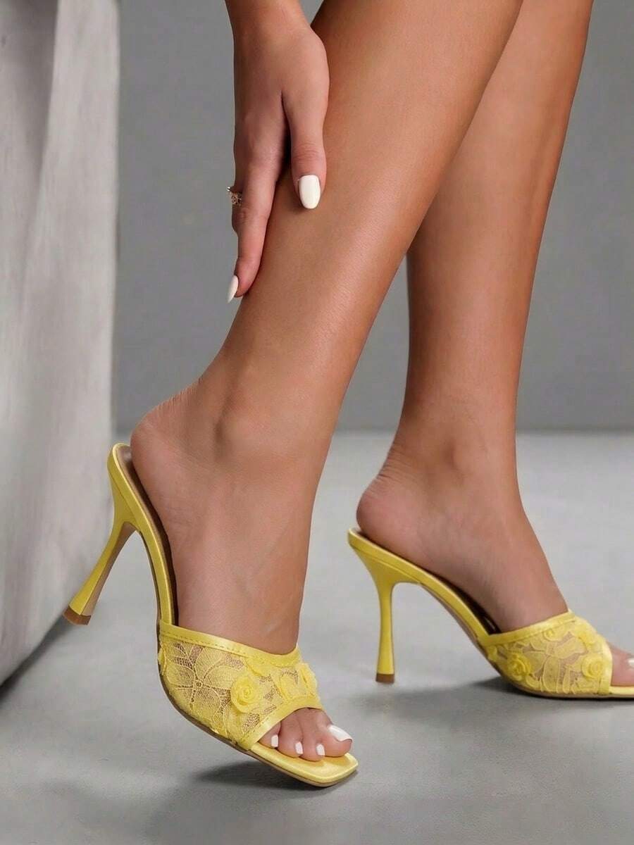 Lace square toe open toe stiletto high heel sandals with sparkling rhinestone ankle strap chain