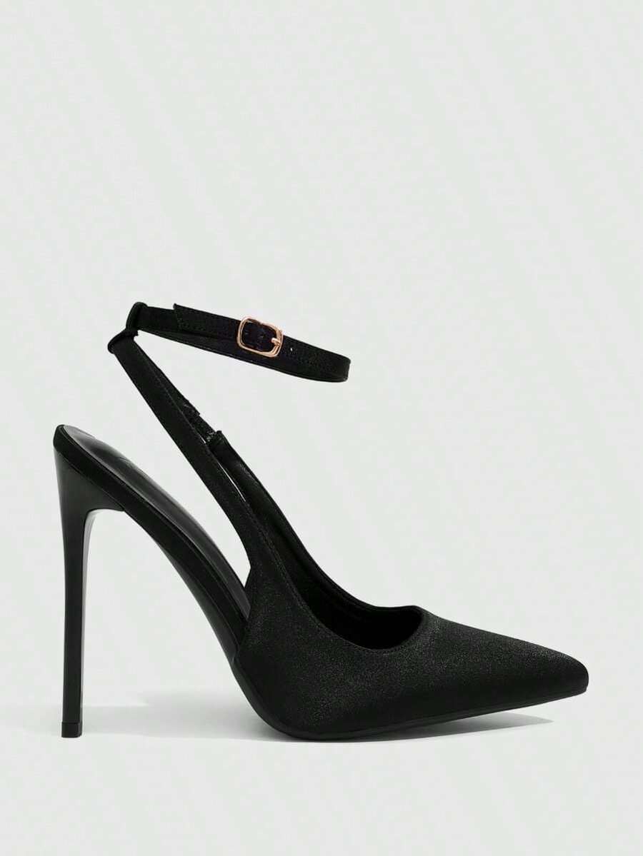 Pointed toe stiletto high heels with slingback silhouette and adjustable buckle ankle strap.