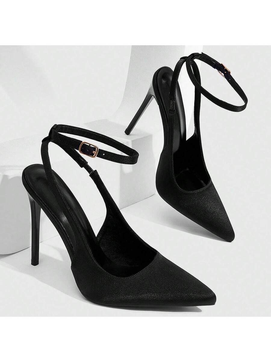 Pointed toe stiletto high heels with slingback silhouette and adjustable buckle ankle strap.