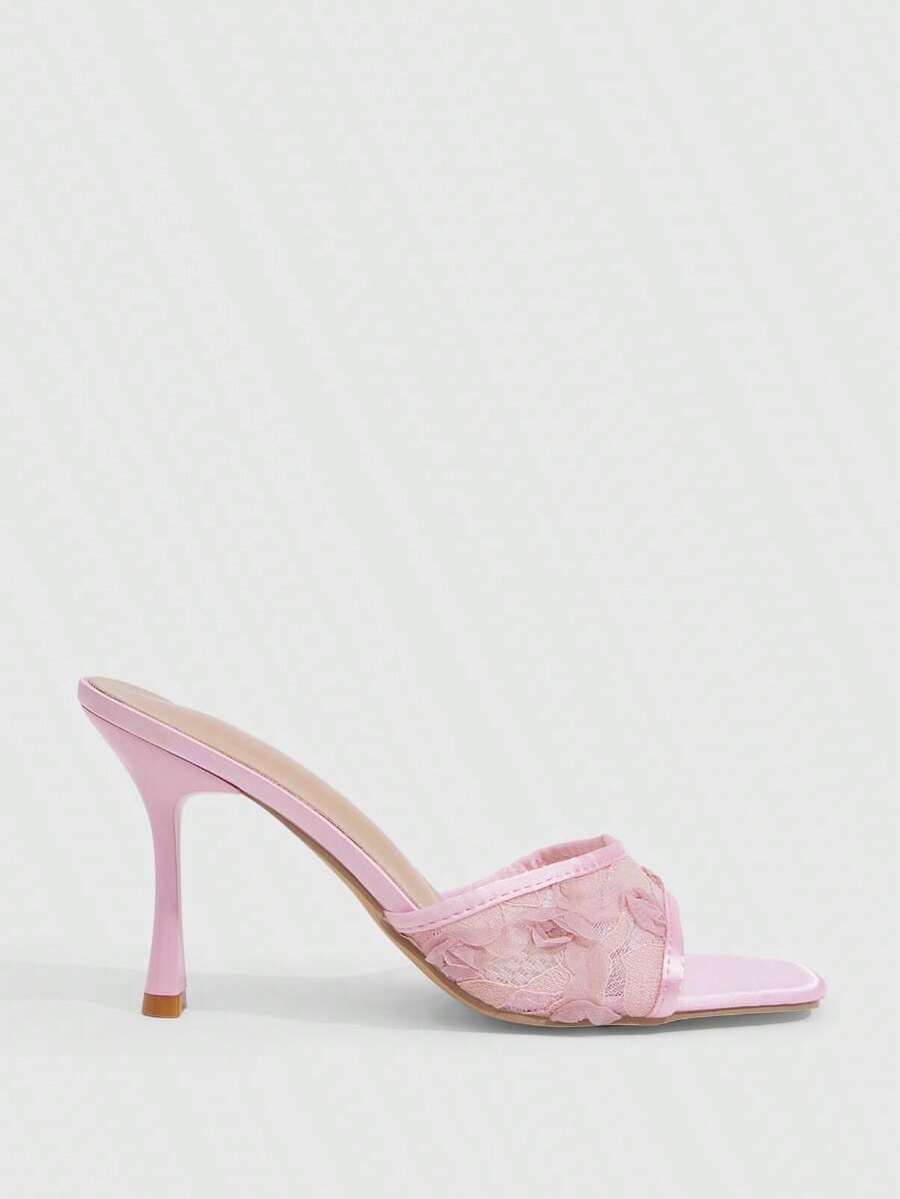 Lace square toe open toe stiletto high heel sandals with sparkling rhinestone ankle strap chain