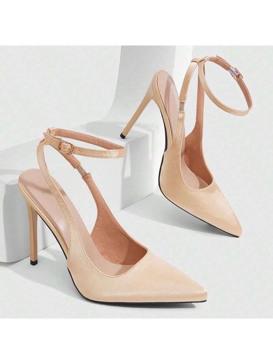 Pointed toe stiletto high heels with slingback silhouette and adjustable buckle ankle strap.