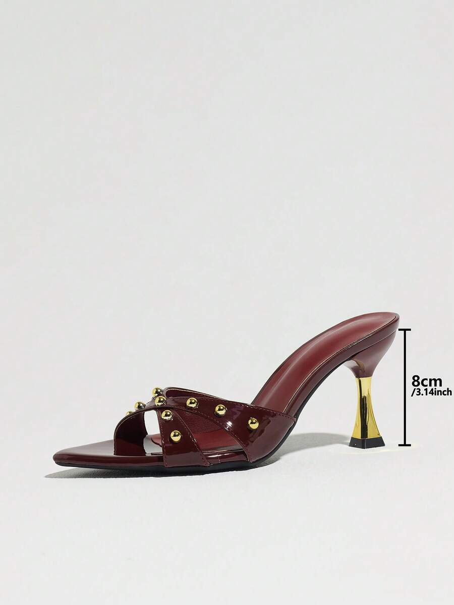 Women's pointed toe high heel mule sandals featuring a sleek slip-on design with elegant lace embroidery detailing