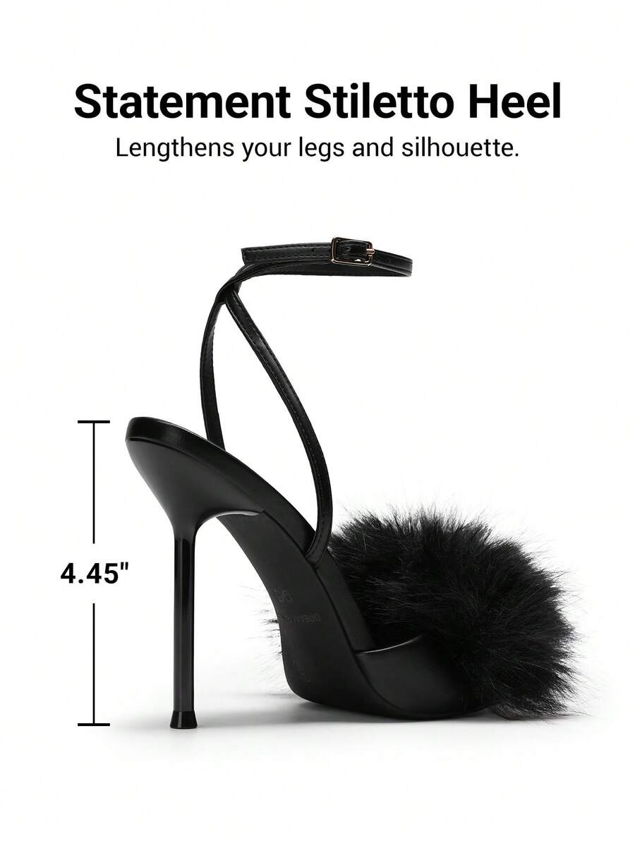 Women's open toe stiletto heeled sandals with fluffy feather detail and adjustable buckle ankle strap.