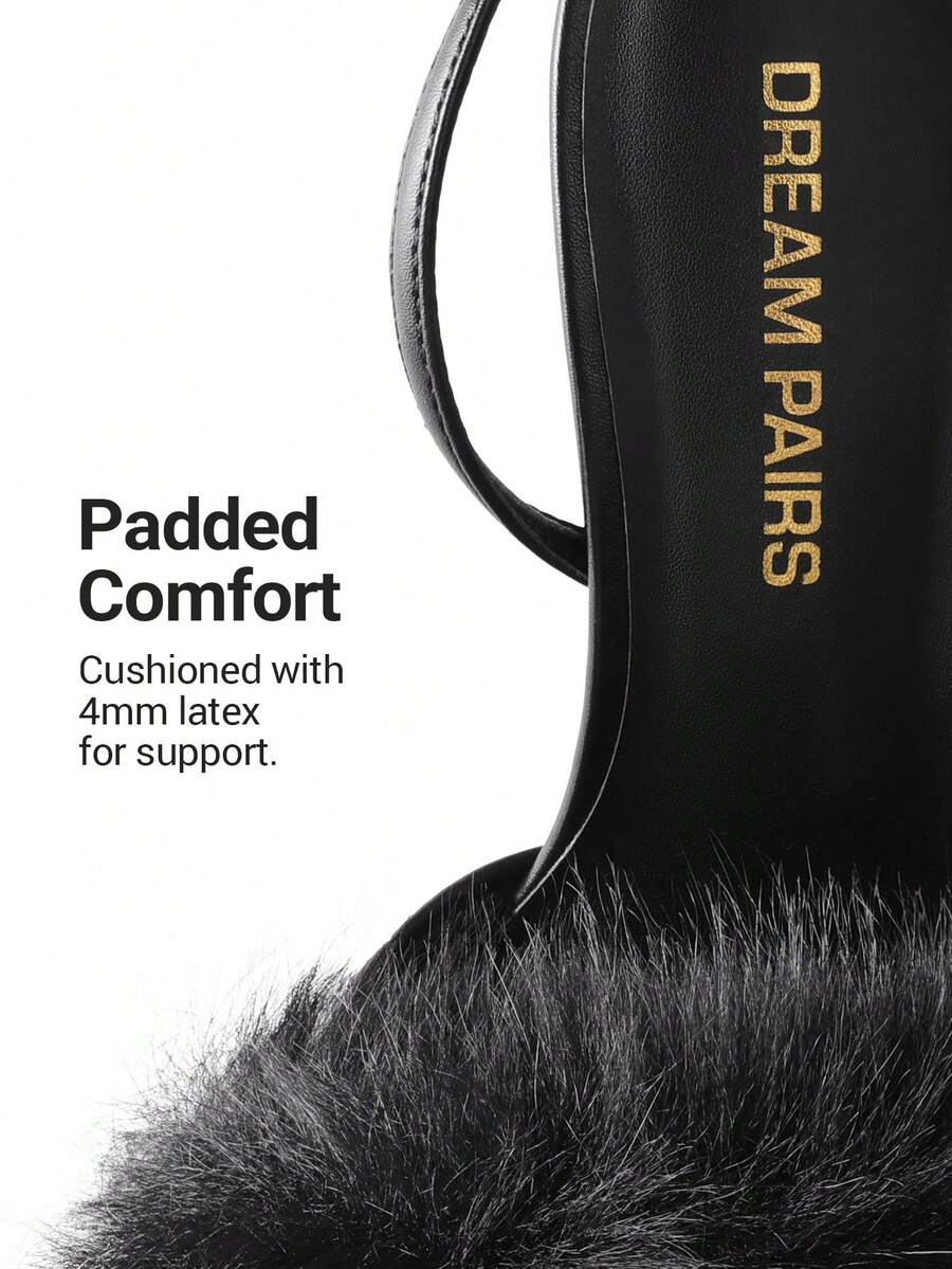 Women's open toe stiletto heeled sandals with fluffy feather detail and adjustable buckle ankle strap.