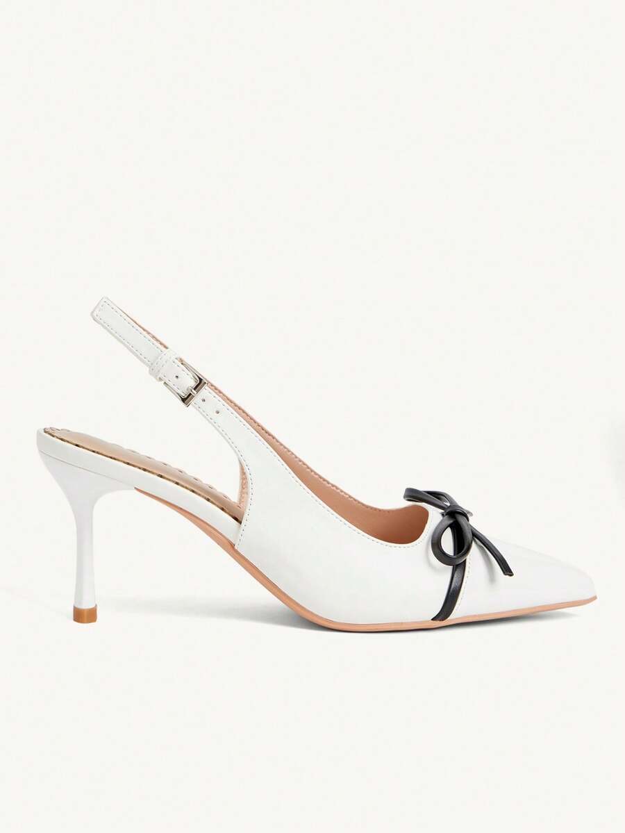 Pointed toe stiletto high heel pumps featuring black lace mesh upper, buckle slingback detail, and sleek slip-on design for weddings and evening wear.