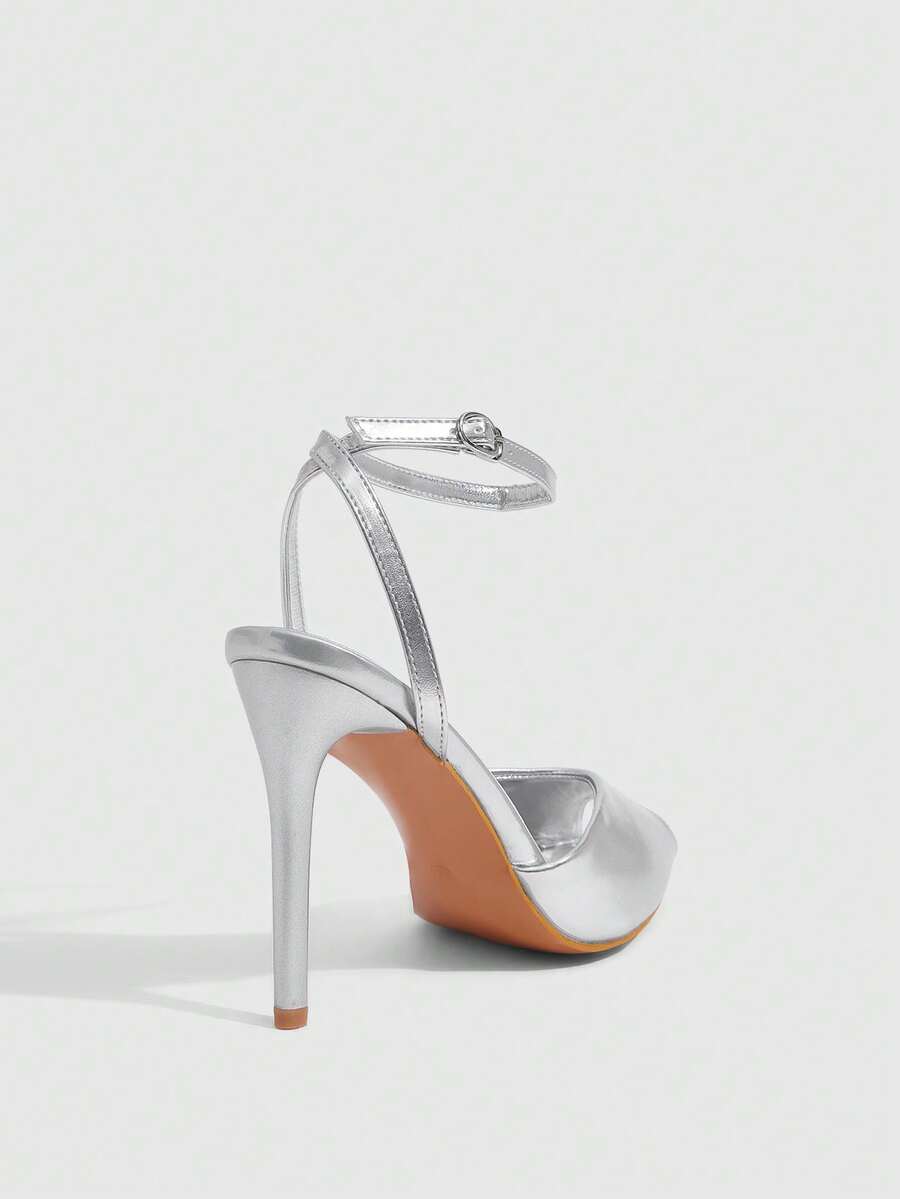 Silver stiletto heeled sandals with square peep toe and one-line buckle ankle strap