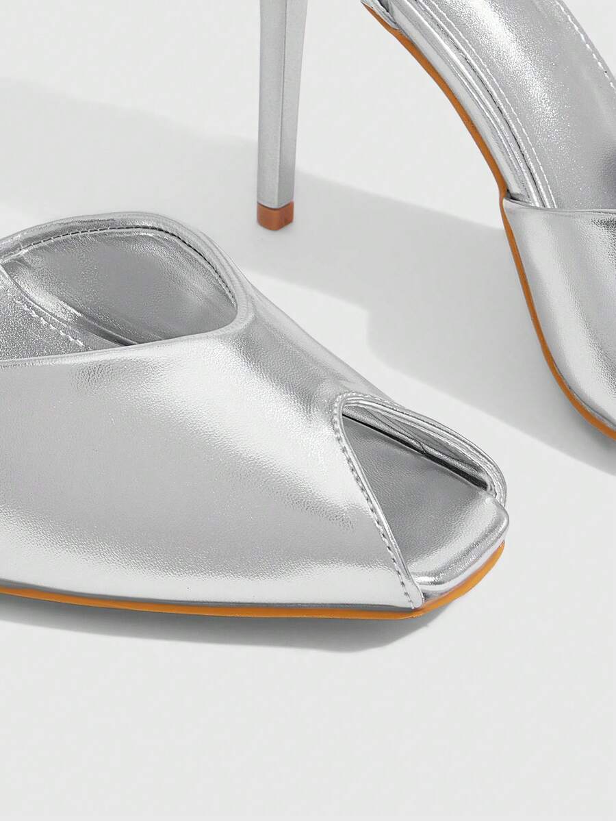 Silver stiletto heeled sandals with square peep toe and one-line buckle ankle strap