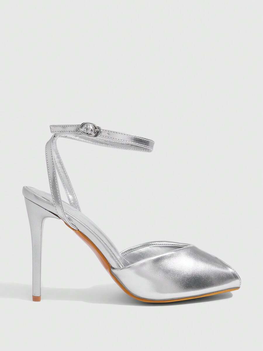 Silver stiletto heeled sandals with square peep toe and one-line buckle ankle strap