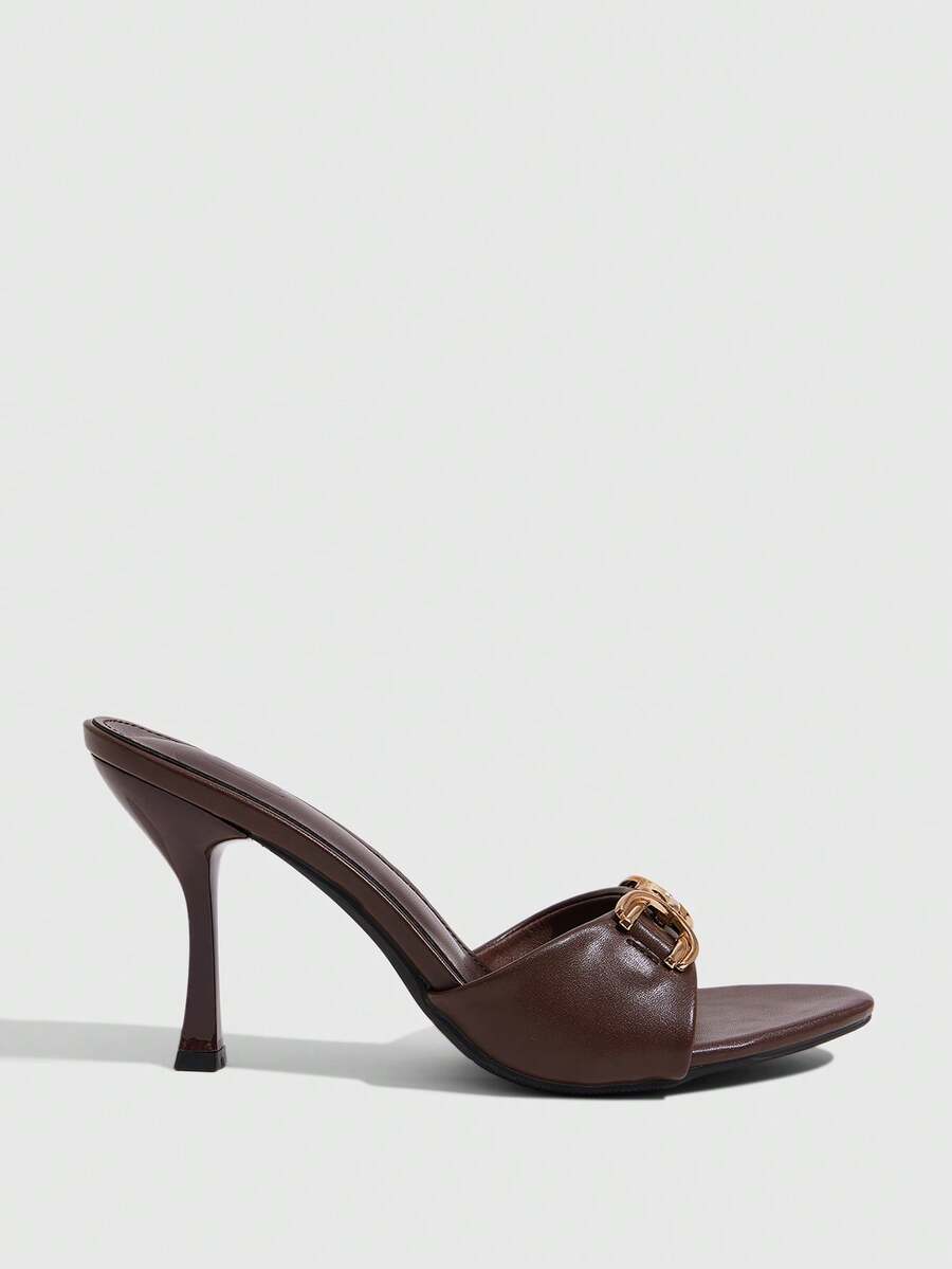 Women's open square toe slender high heel sandals with slingback strap and metal buckle detailing.
