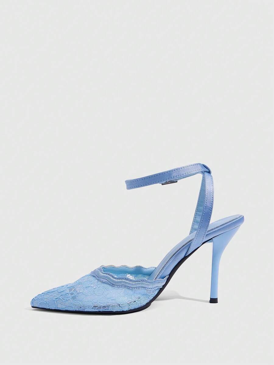 Women's stiletto high heel shoes featuring an elegant buckle detail and ankle strap slingback design.