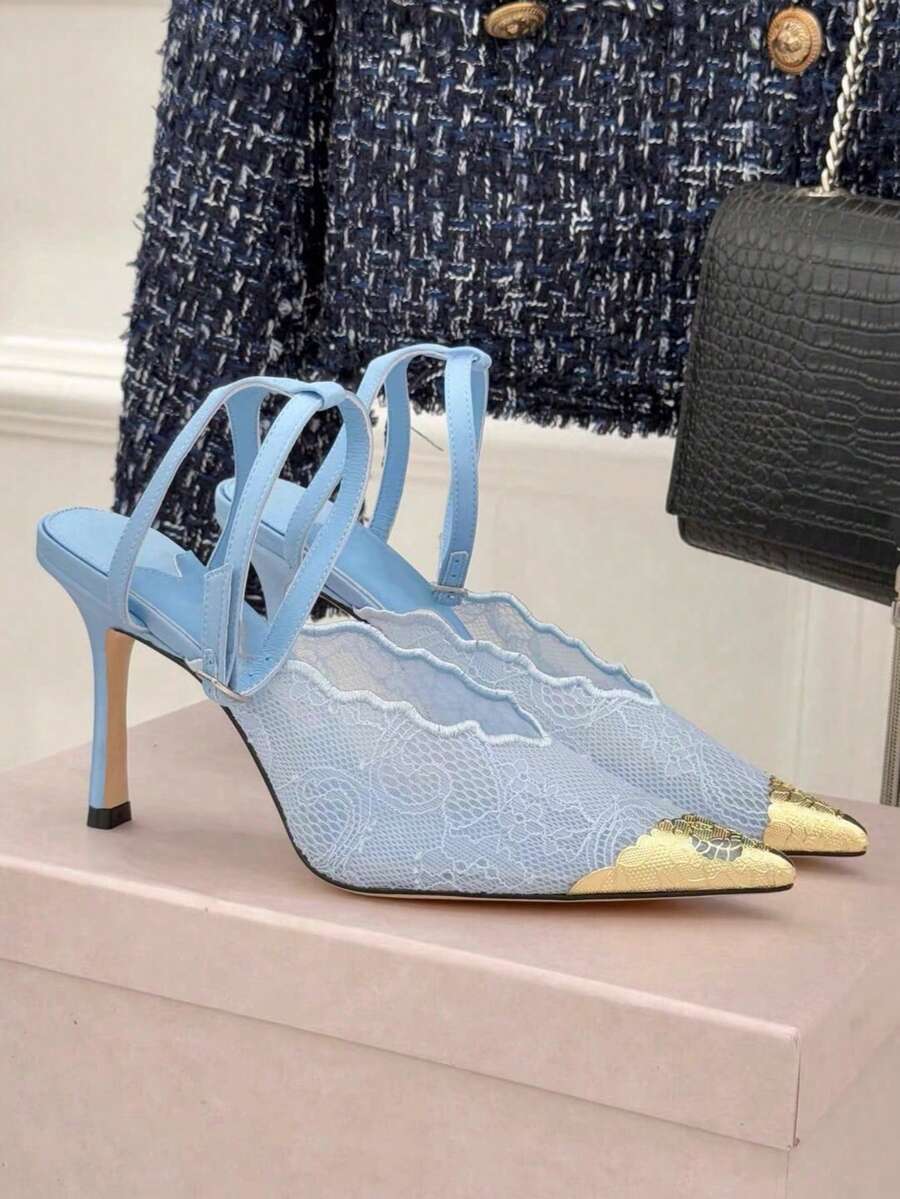 Lace pointed toe stiletto heel sandal pumps featuring mesh detailing, high slender heels, and an adjustable ankle buckle strap.