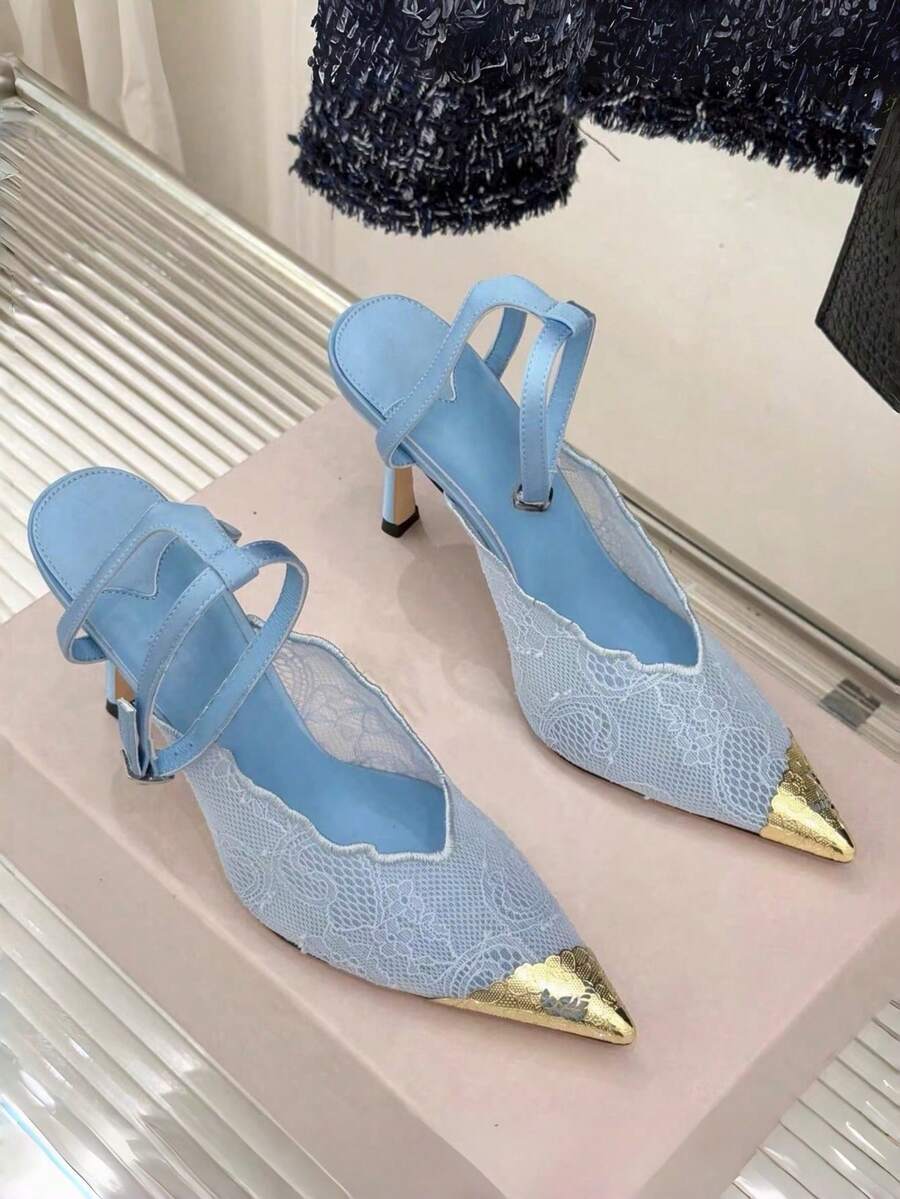 Lace pointed toe stiletto heel sandal pumps featuring mesh detailing, high slender heels, and an adjustable ankle buckle strap.