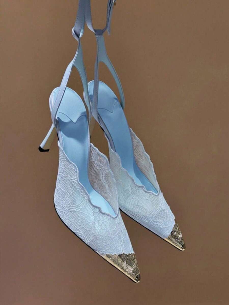 Lace pointed toe stiletto heel sandal pumps featuring mesh detailing, high slender heels, and an adjustable ankle buckle strap.
