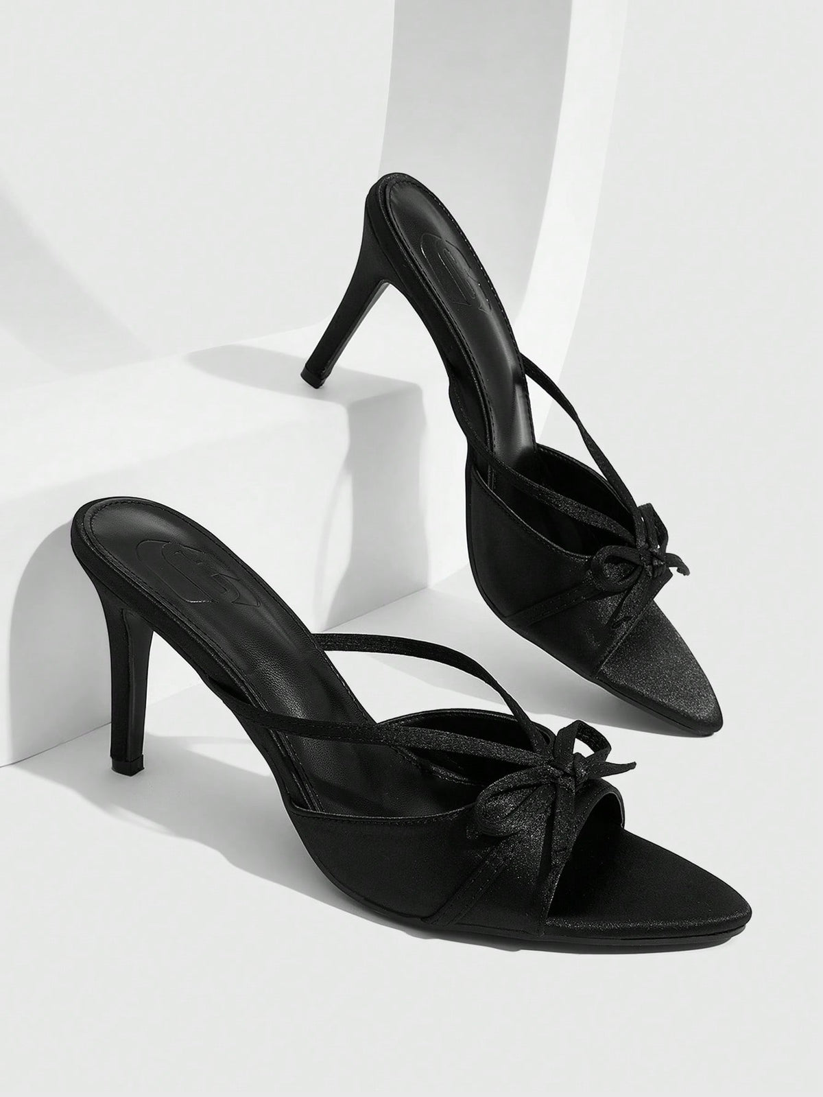 Women's brown flannel pointed open-toe heeled sandals featuring a slip-on mule design with high stiletto heels.