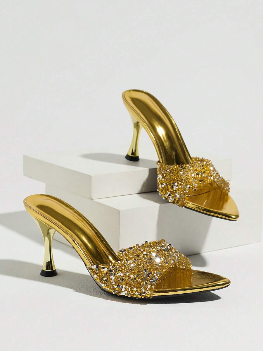 Women's open pointed toe stiletto mule high heel sandals featuring a glossy slip-on design.
