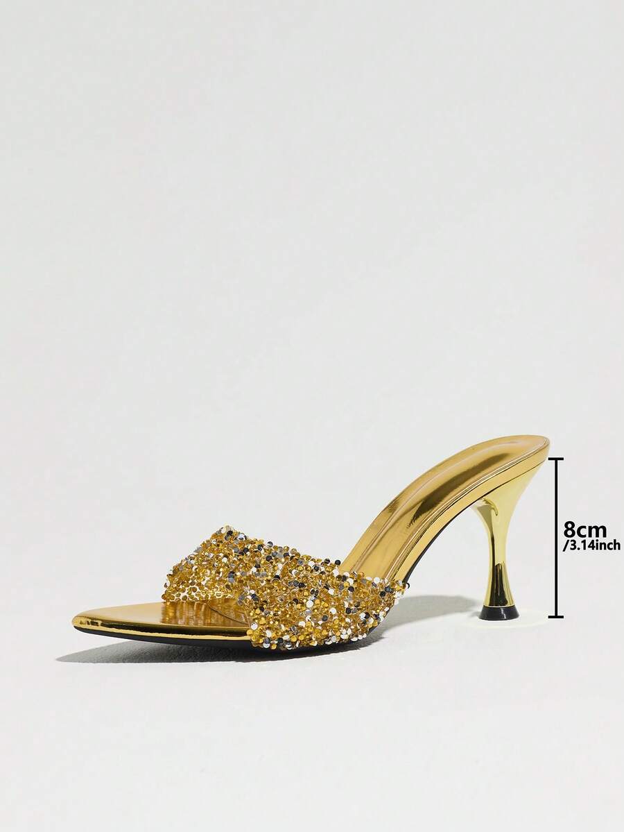 Women's open pointed toe stiletto mule high heel sandals featuring a glossy slip-on design.