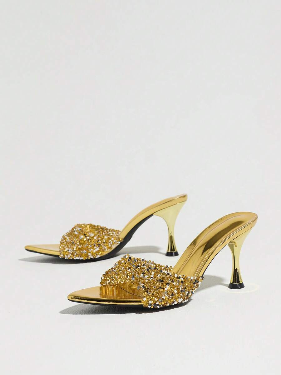 Women's open pointed toe stiletto mule high heel sandals featuring a glossy slip-on design.
