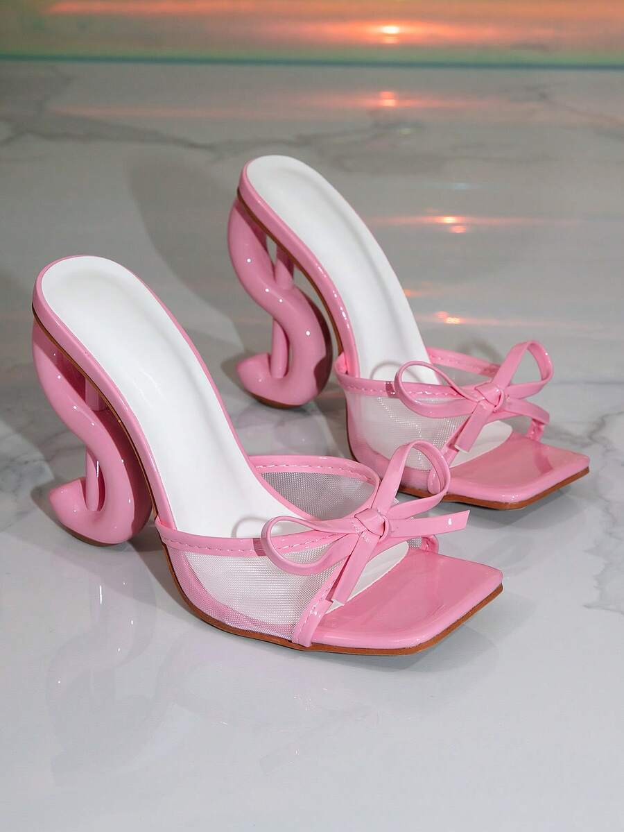 Black bow decor square toe high heel mule sandals with sculptural heels for women party wear