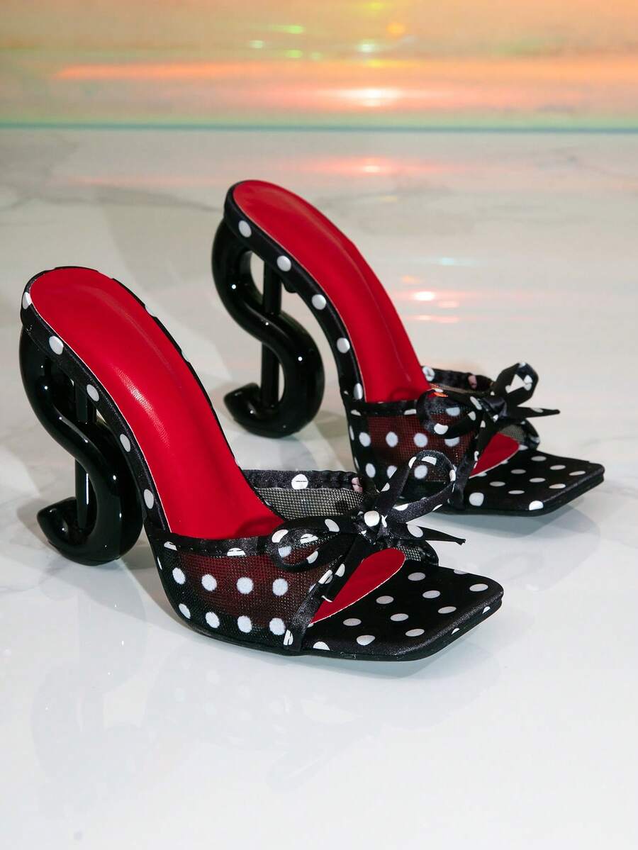 Black bow decor square toe high heel mule sandals with sculptural heels for women party wear