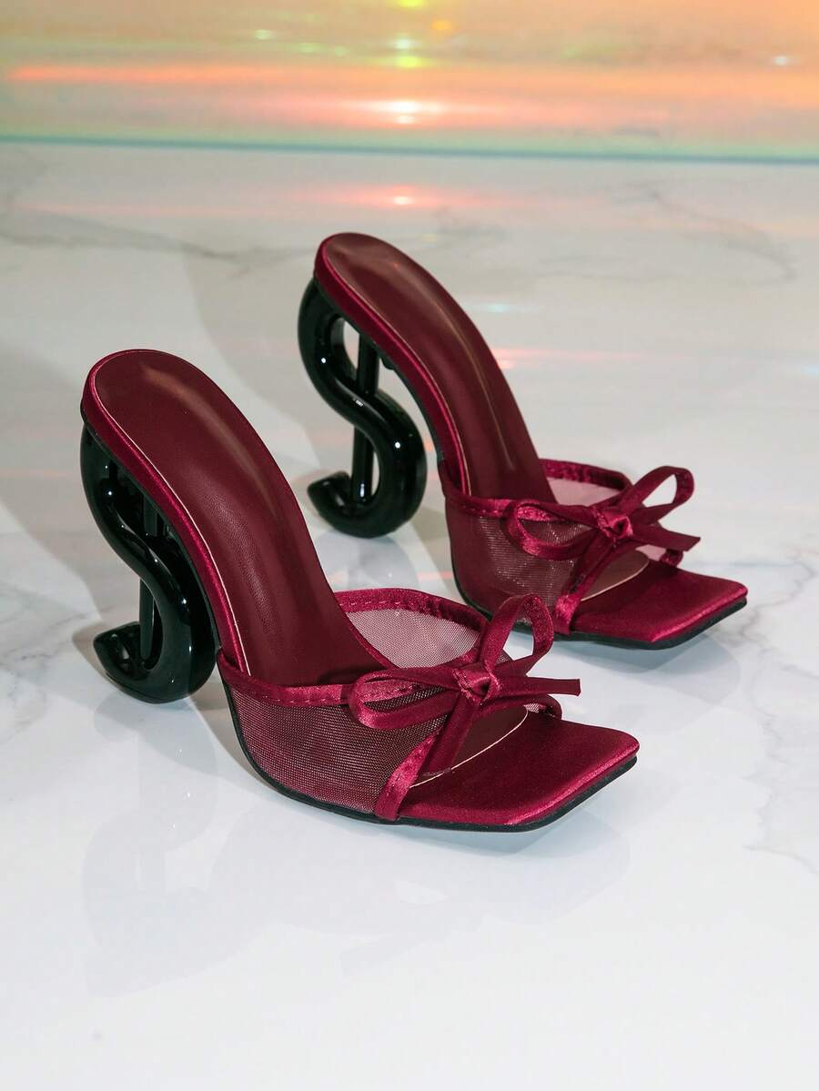 Black bow decor square toe high heel mule sandals with sculptural heels for women party wear
