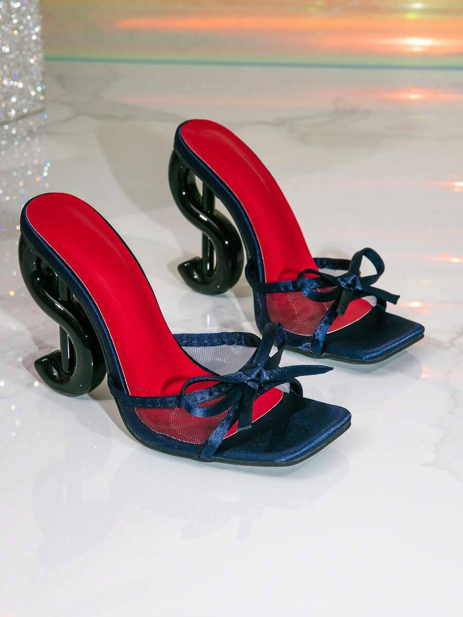Black bow decor square toe high heel mule sandals with sculptural heels for women party wear