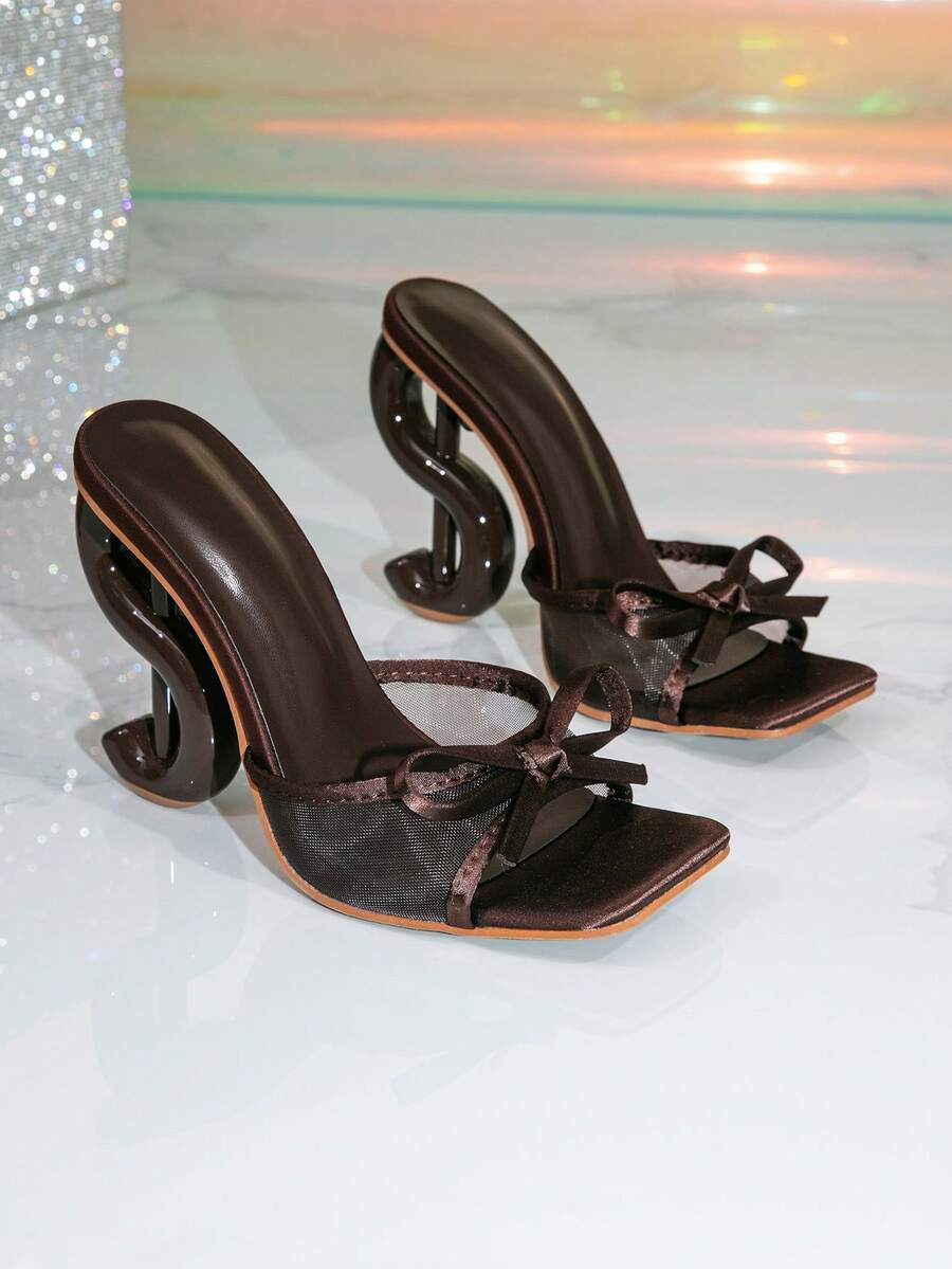 Black bow decor square toe high heel mule sandals with sculptural heels for women party wear