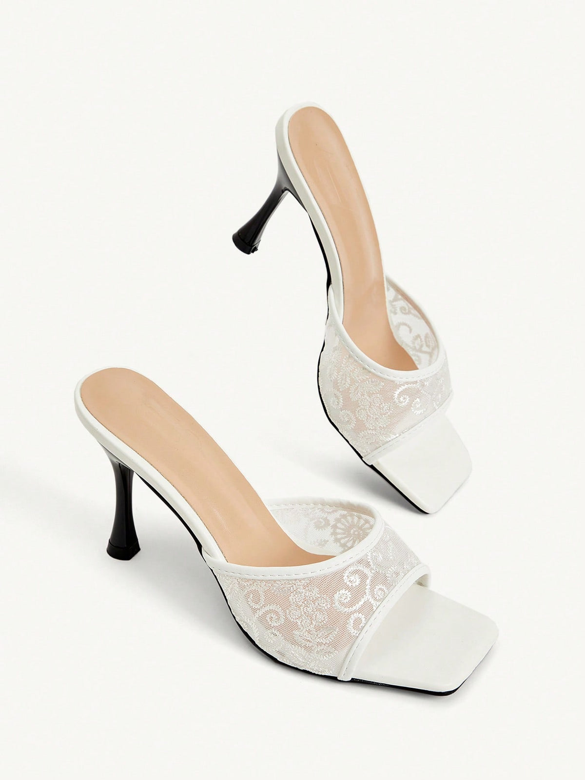 Women's square toe stiletto high heel slide sandals featuring contrast mesh embroidery and an open-toe backless design.