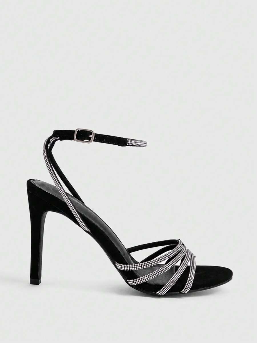 Silver rhinestone stiletto high heel sandals with open toe and adjustable ankle strap buckle