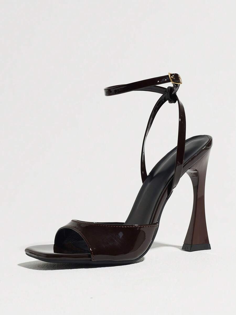 Burgundy women's square toe high heel sandals featuring a mesh bow accent and ankle strap buckle on an open toe silhouette