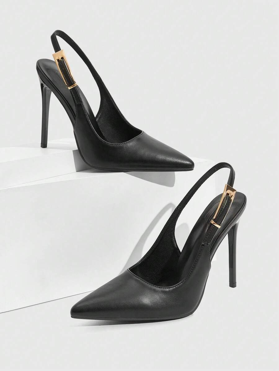 Pointed toe stiletto high heel evening party pumps featuring an ankle strap with buckle closure.