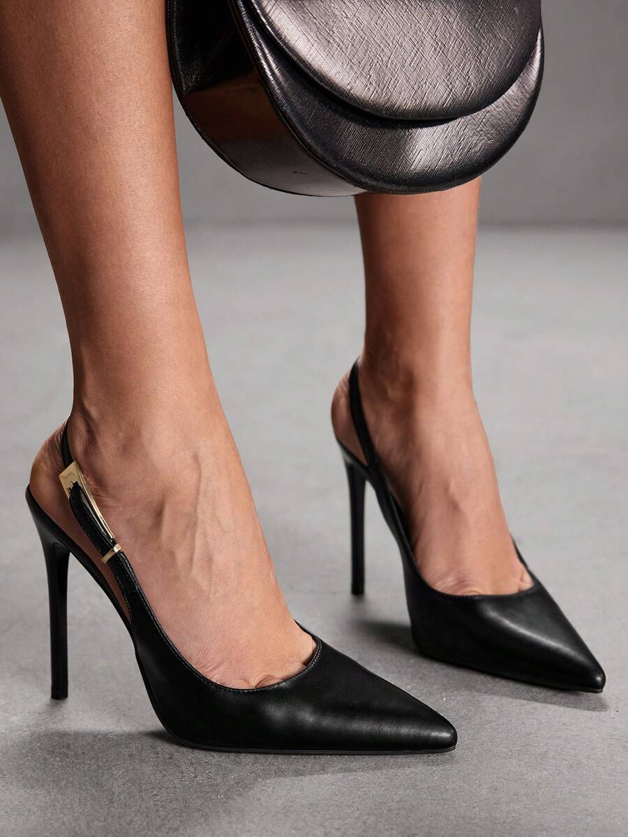 Pointed toe stiletto high heel evening party pumps featuring an ankle strap with buckle closure.