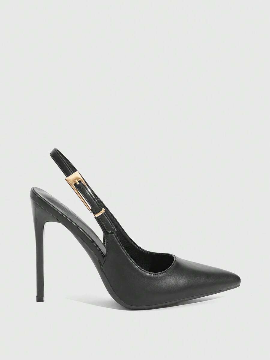 Pointed toe stiletto high heel evening party pumps featuring an ankle strap with buckle closure.