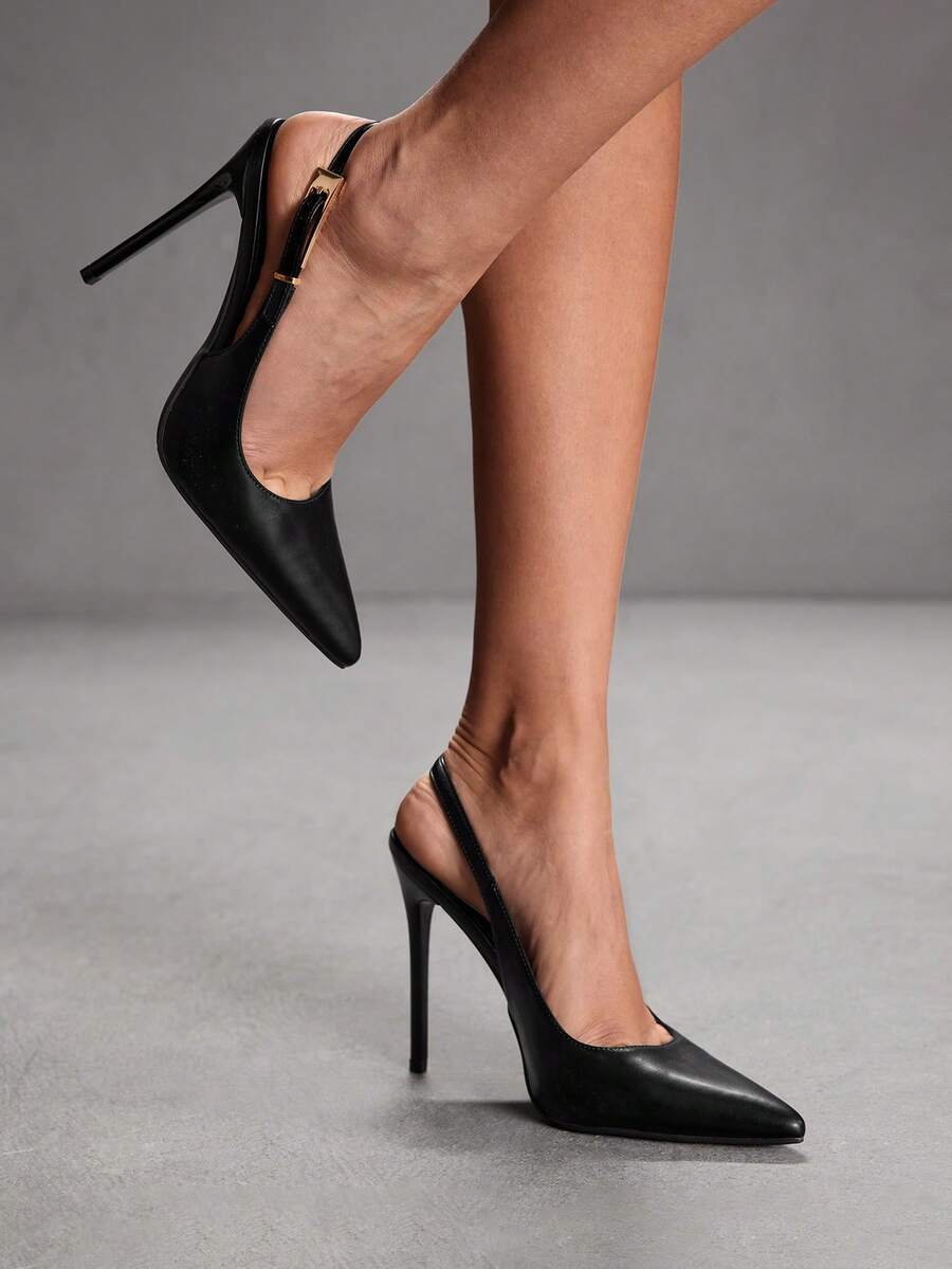 Pointed toe stiletto high heel evening party pumps featuring an ankle strap with buckle closure.