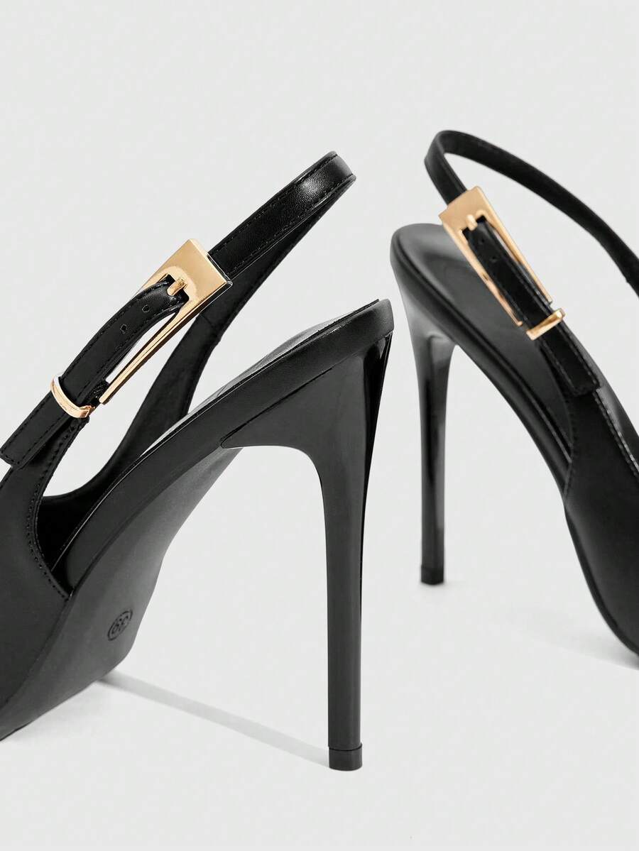 Pointed toe stiletto high heel evening party pumps featuring an ankle strap with buckle closure.