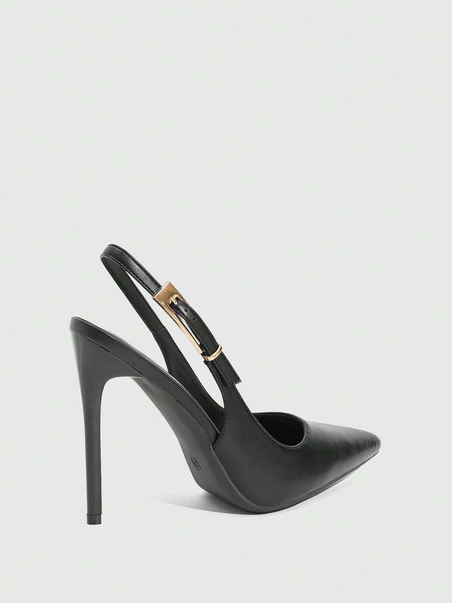 Pointed toe stiletto high heel evening party pumps featuring an ankle strap with buckle closure.