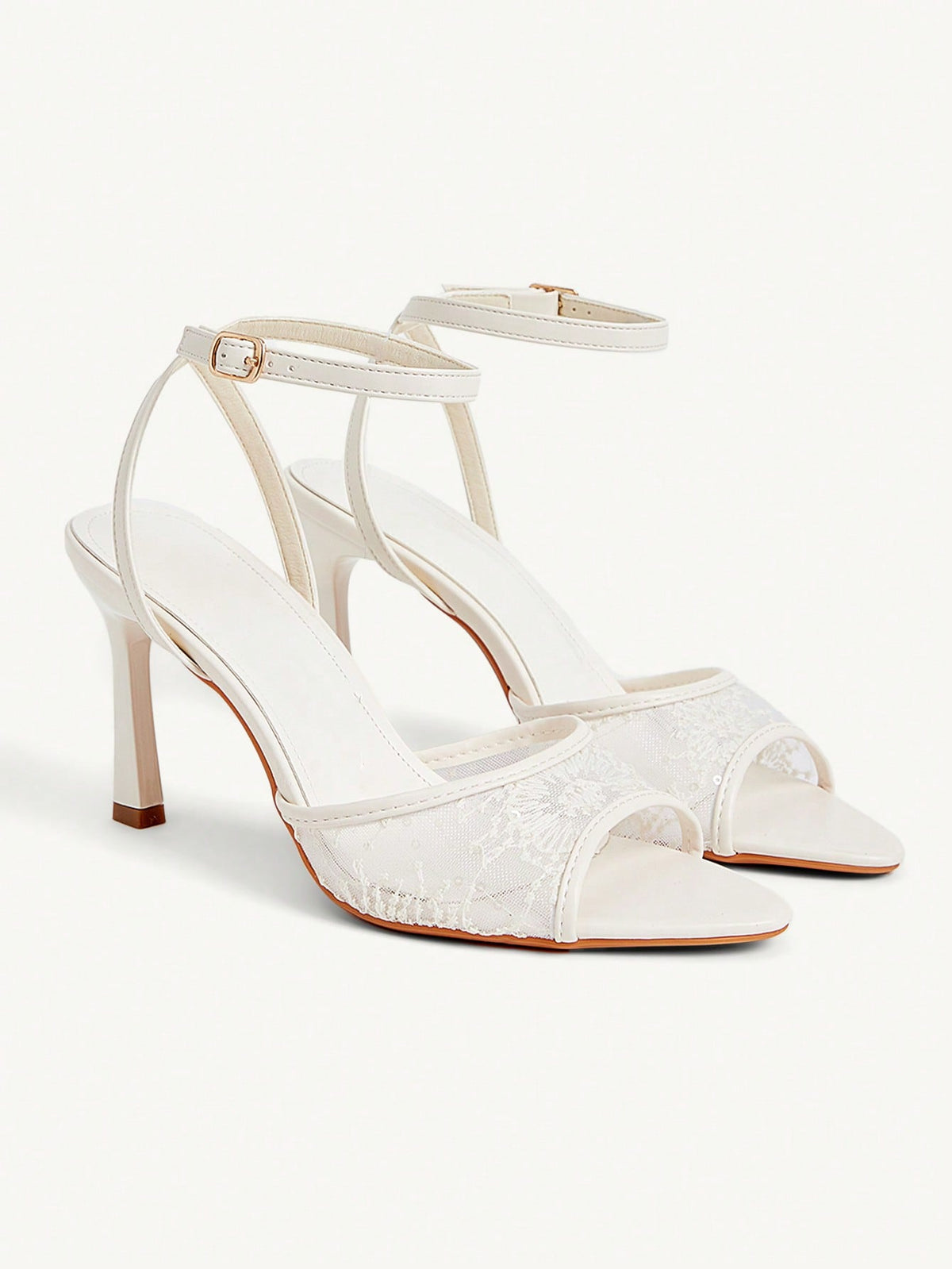 Women's open toe high heel sandals with lace mesh upper, stiletto heel, and ankle strap closure.
