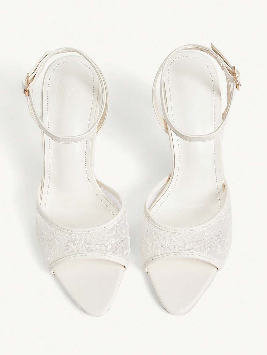 Women's open toe high heel sandals with lace mesh upper, stiletto heel, and ankle strap closure.