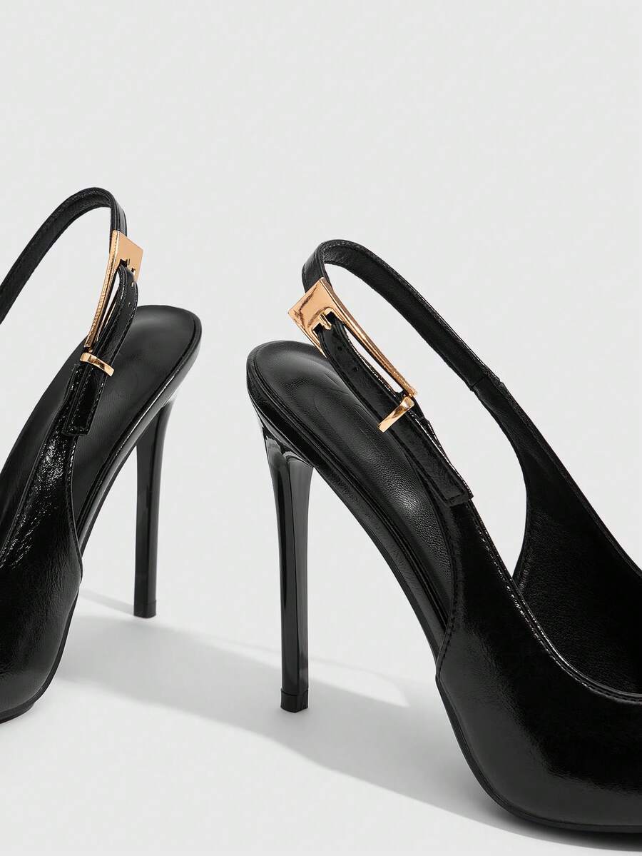 Pointed toe stiletto high heel evening party pumps featuring an ankle strap with buckle closure.
