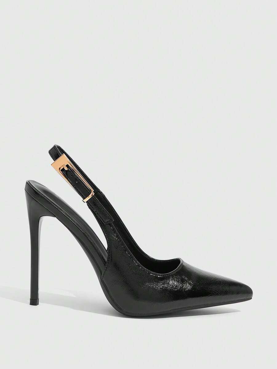 Pointed toe stiletto high heel evening party pumps featuring an ankle strap with buckle closure.