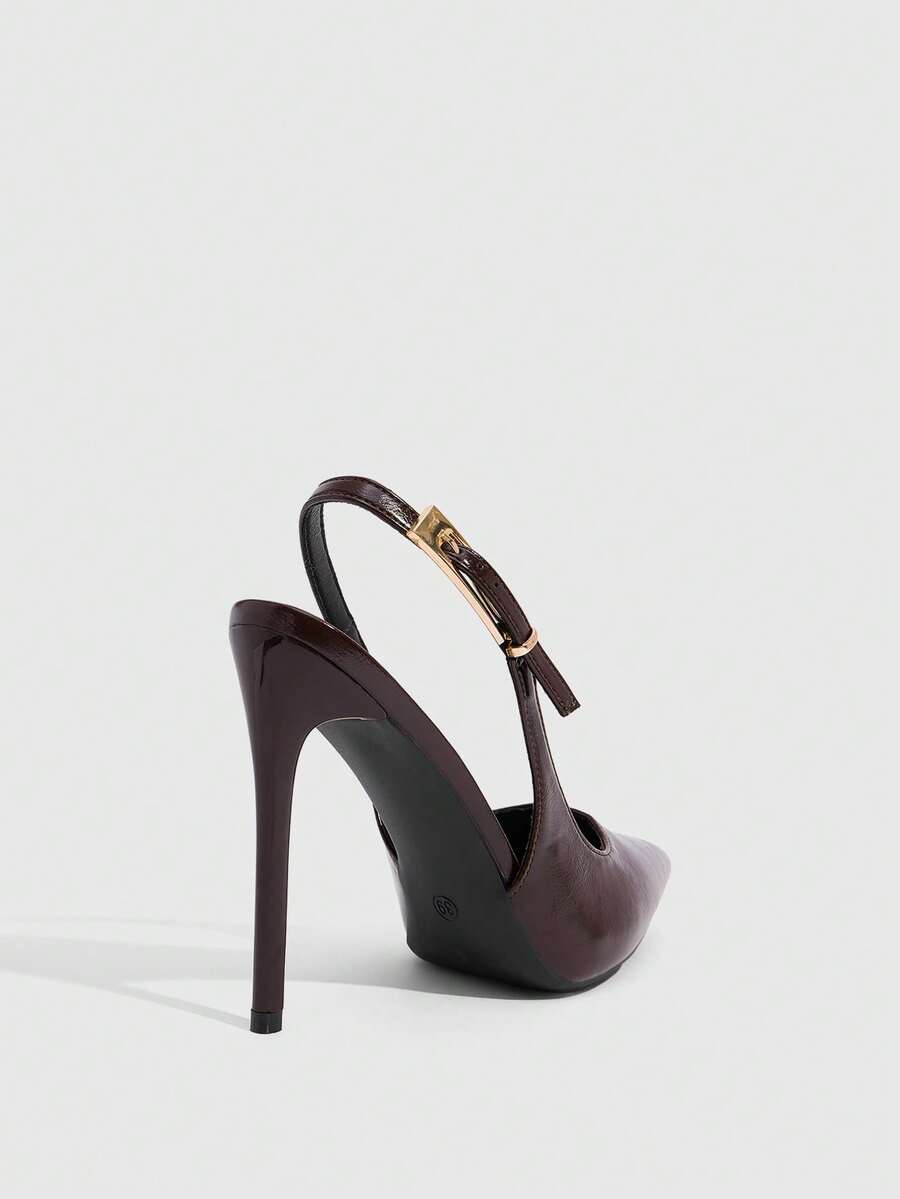 Pointed toe stiletto high heel evening party pumps featuring an ankle strap with buckle closure.