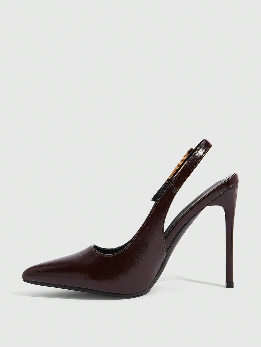 Pointed toe stiletto high heel evening party pumps featuring an ankle strap with buckle closure.