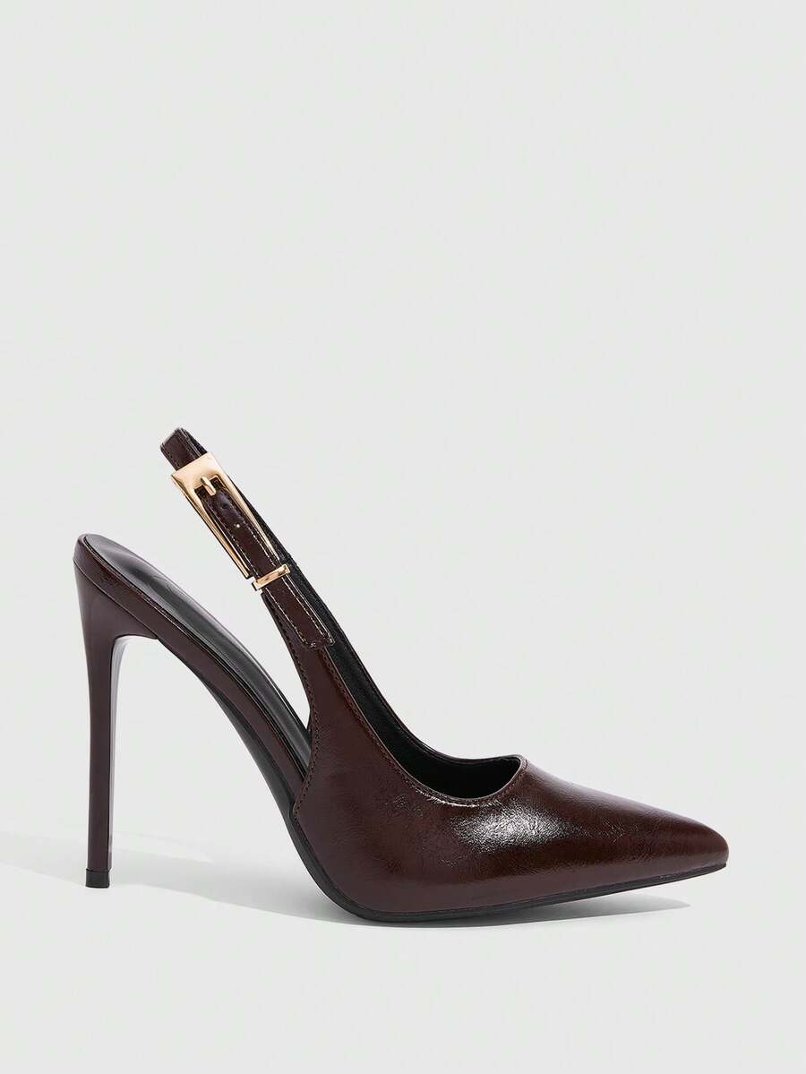 Pointed toe stiletto high heel evening party pumps featuring an ankle strap with buckle closure.
