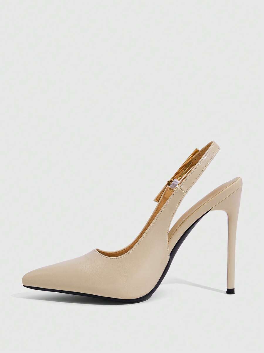 Pointed toe stiletto high heel evening party pumps featuring an ankle strap with buckle closure.