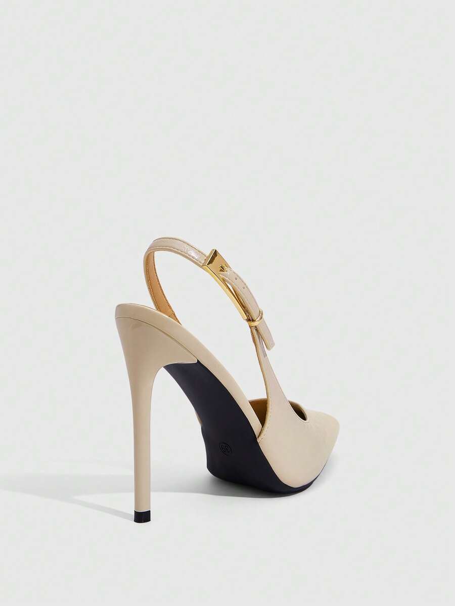 Pointed toe stiletto high heel evening party pumps featuring an ankle strap with buckle closure.