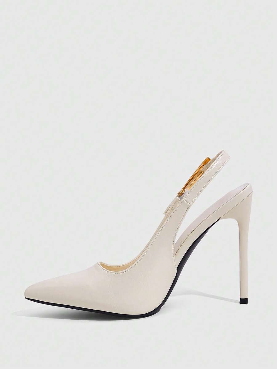Pointed toe stiletto high heel evening party pumps featuring an ankle strap with buckle closure.